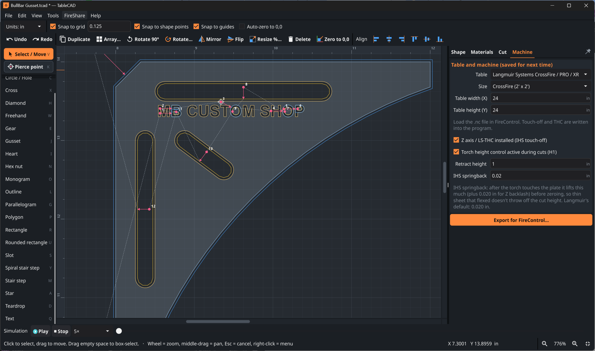 TableCAD showing a custom gusset design with text, cut paths, Langmuir machine settings, and FireControl export