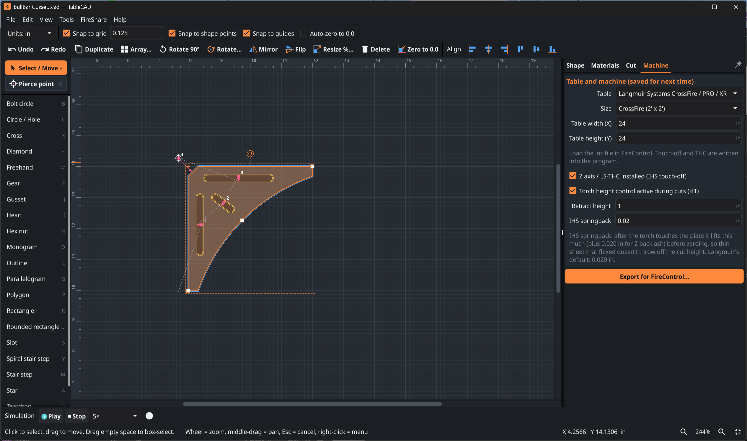 TableCAD displaying a gusset drawing with Langmuir Systems machine settings and the Export for FireControl button